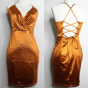 Burnt Orange Satin Bodycon Lace Up Mini Dress - Large
